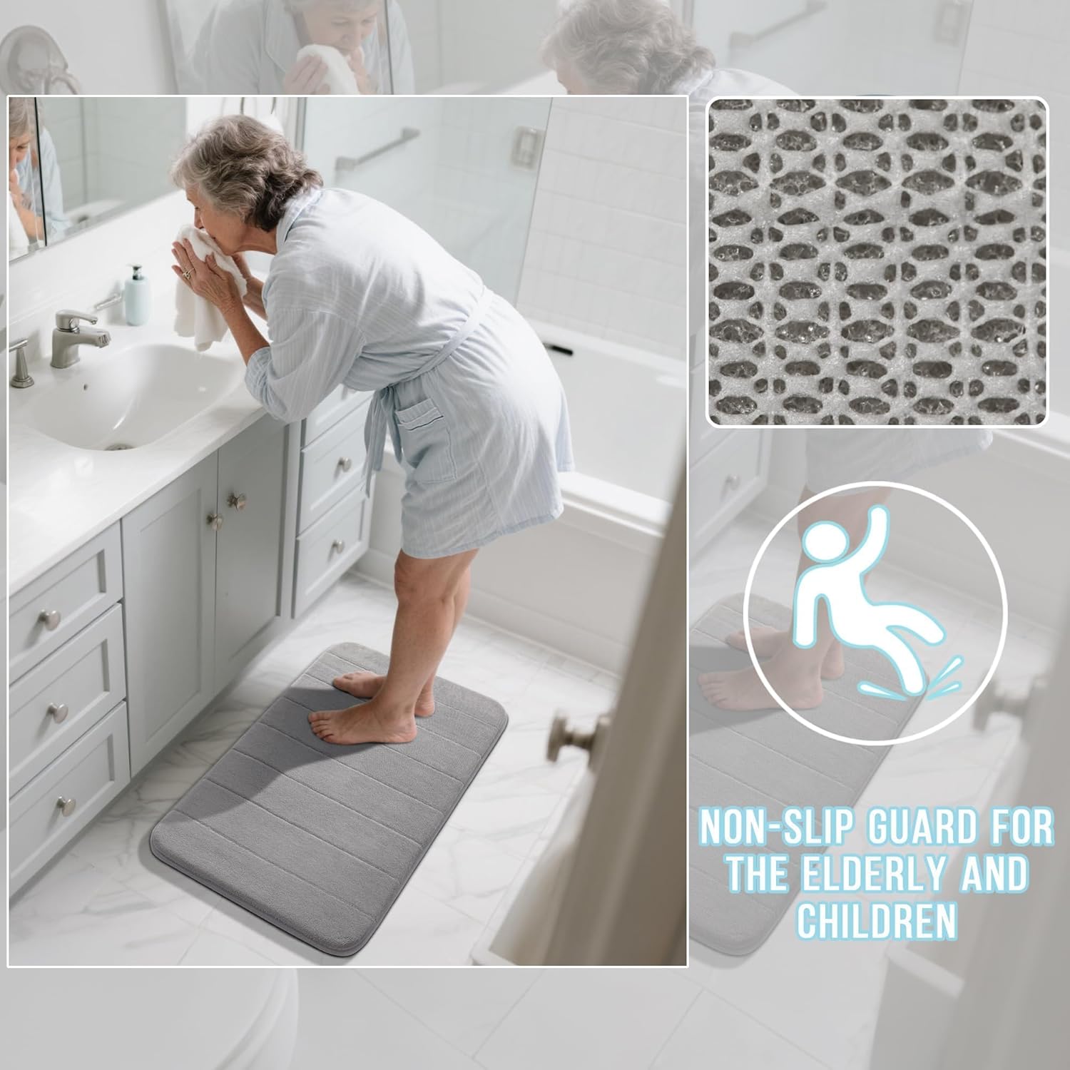 Yimobra Memory Foam Bath Mat Set 3 Pieces- Super Soft Absorbent Quick Dry Bathroom Rug Sets, Machine Washable Non Slip Floor Carpet for Tub Shower, Vanity & Toilet Base, Gray - Image 5
