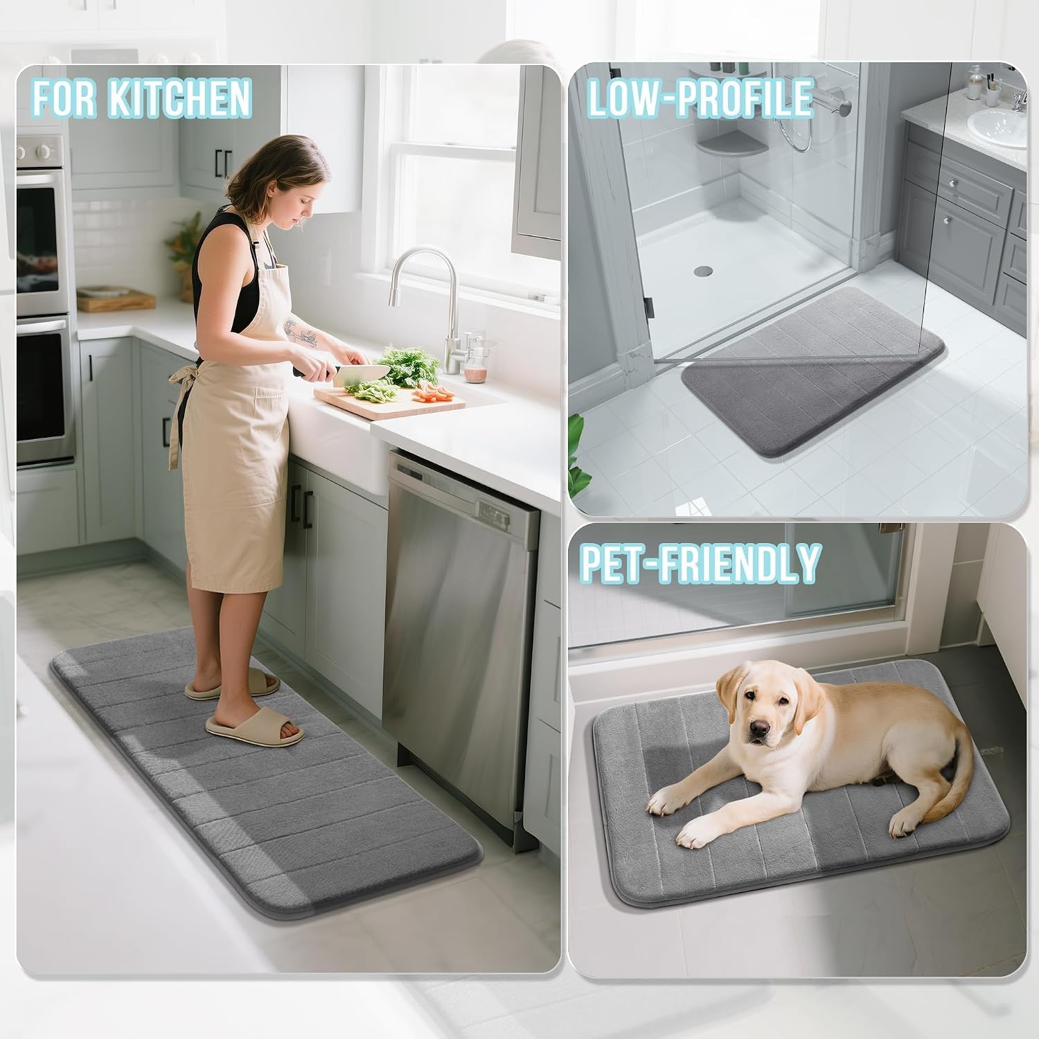 Yimobra Memory Foam Bath Mat Set 3 Pieces- Super Soft Absorbent Quick Dry Bathroom Rug Sets, Machine Washable Non Slip Floor Carpet for Tub Shower, Vanity & Toilet Base, Gray - Image 6