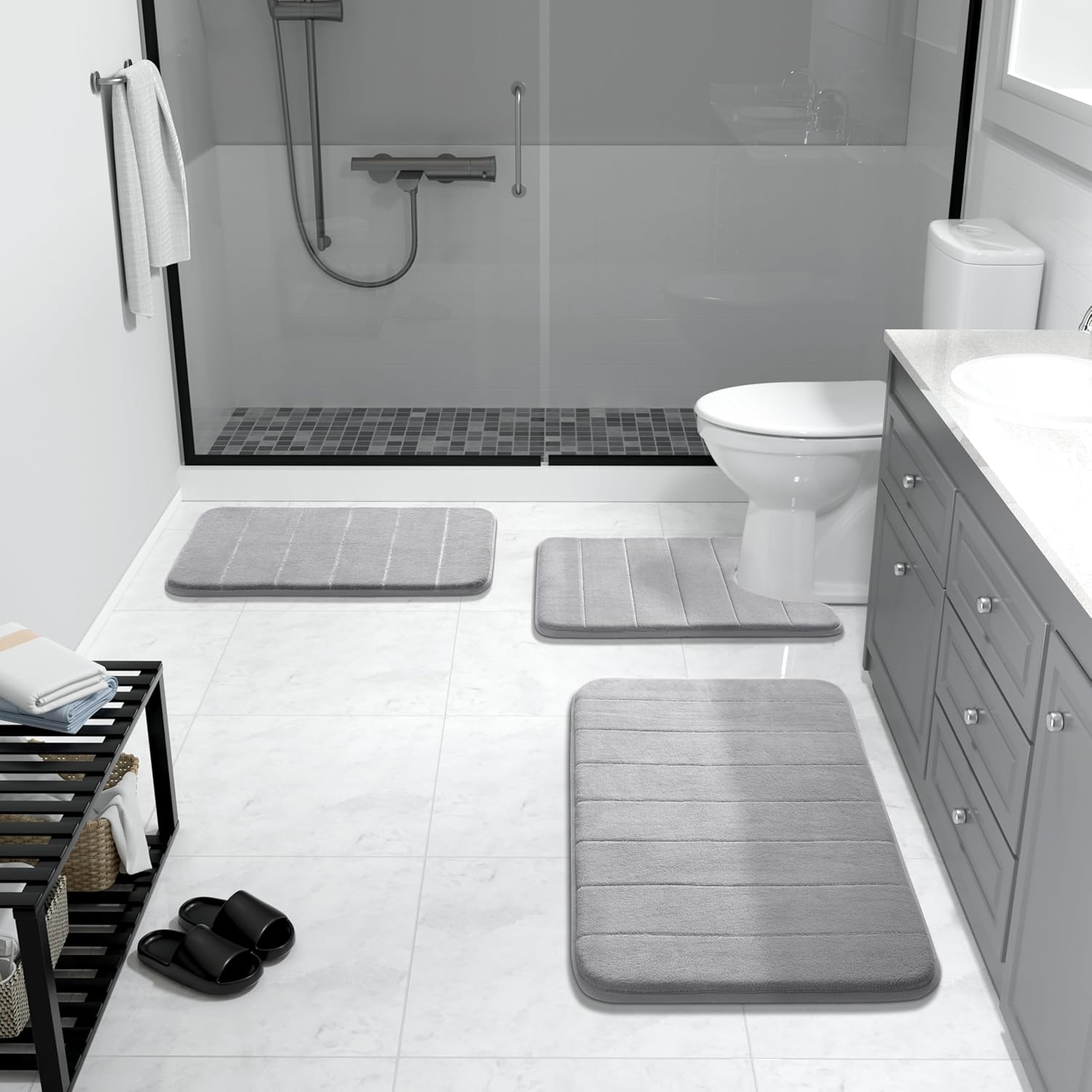 Yimobra Memory Foam Bath Mat Set 3 Pieces- Super Soft Absorbent Quick Dry Bathroom Rug Sets, Machine Washable Non Slip Floor Carpet for Tub Shower, Vanity & Toilet Base, Gray - Image 7
