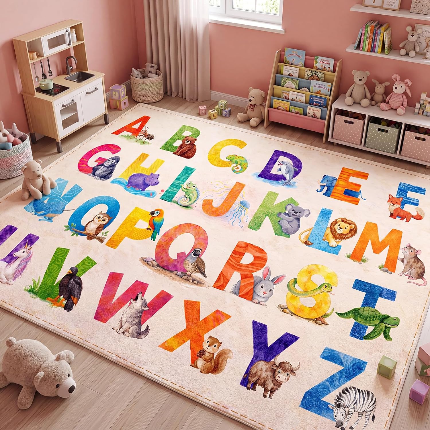 Amylove 5 x 7 ft Large Alphabet Animals Classroom Rug, ABC Learning Rugs with A–z Animal Chart, Educational Alphabet Carpet for Preschool Kindergarten, Rainbow Early Literacy Teaching Play Rug