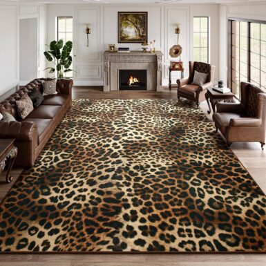 DweIke Leopard Rugs for Living Room, 5x7 Cheetah Print Rug for Bedroom Decor, Washable Non-Slip Stain Resistant Faux Animal Throw Carpet for Dining Room Office Western Home, Dark Brown